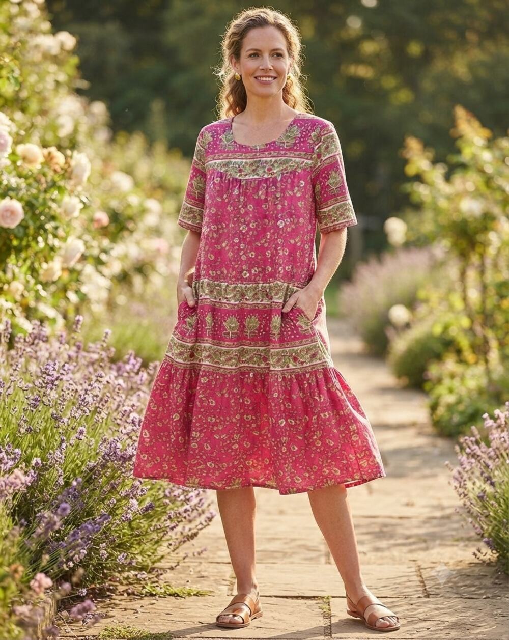 The Vermont Country Store Floral Tiered Cotton Midi Dress Cottagecore Boho M